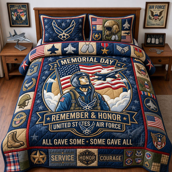 Air Force Veteran quilted 3-piece bedding set on a made bed in a warmly lit bedroom