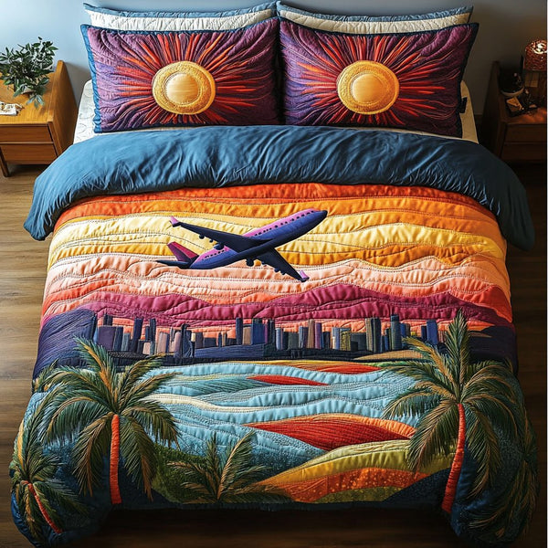 Airplane Journey quilted 3-piece bedding set on a made bed with two matching pillow shams