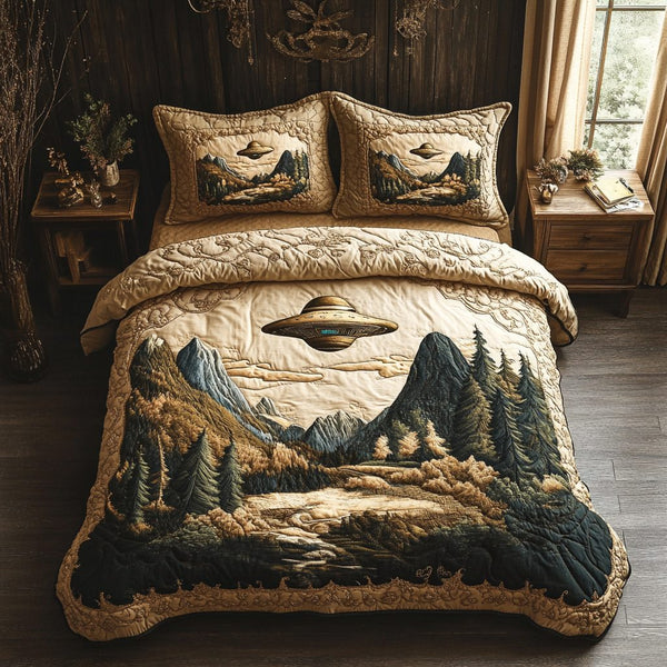 Alien Arrival quilted 3-piece bedding set on a made bed with two matching pillow shams