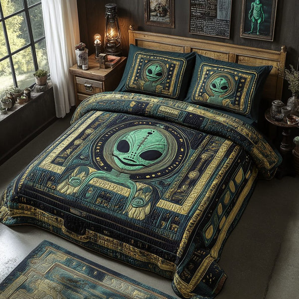 Alien quilted 3-piece bedding set on a made bed with two matching pillow shams