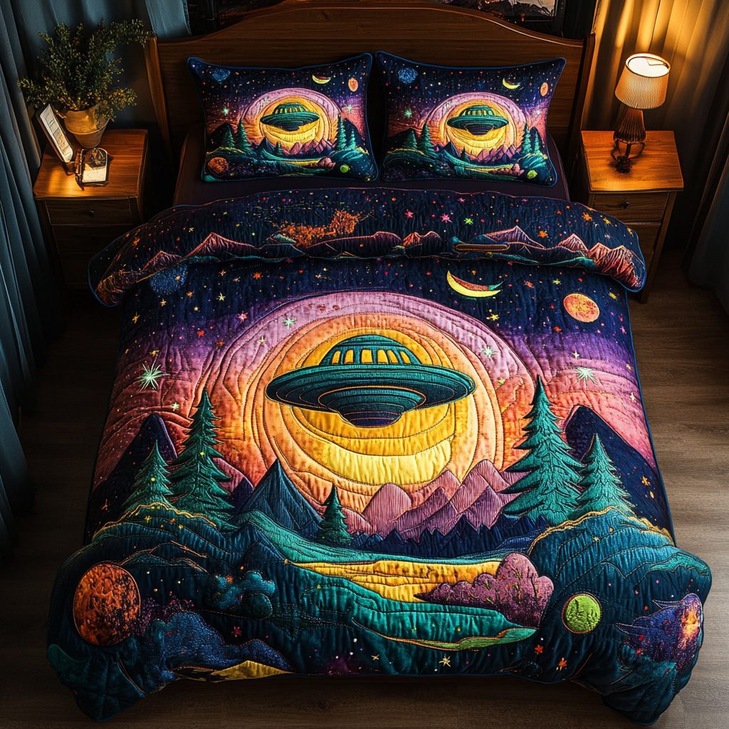 Alien Sky Craft quilted 3-piece bedding set on a made bed with two matching pillow shams