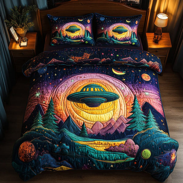 Alien Sky Craft quilted 3-piece bedding set on a made bed with two matching pillow shams