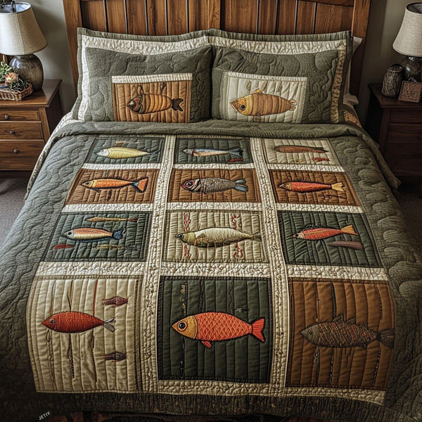 All About the Catch quilted 3-piece bedding set on a made bed with two matching pillow shams