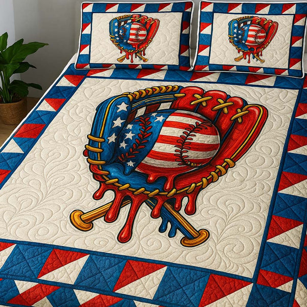 All American Catch quilted 3-piece bedding set on a made bed in a warmly lit bedroom
