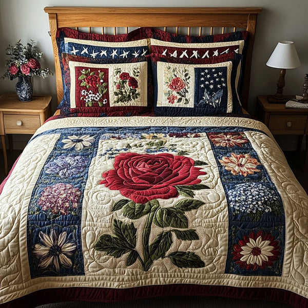 All-American Floral quilted 3-piece bedding set on a made bed in a warmly lit bedroom