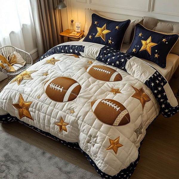All-Star Snuggles quilted 3-piece bedding set on a made bed with two matching pillow shams
