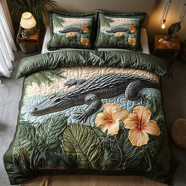 Alligator Creek quilted 3-piece bedding set on a made bed with two matching pillow shams