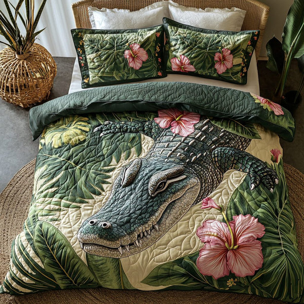 Alligator Dreams quilted 3-piece bedding set on a made bed with two matching pillow shams