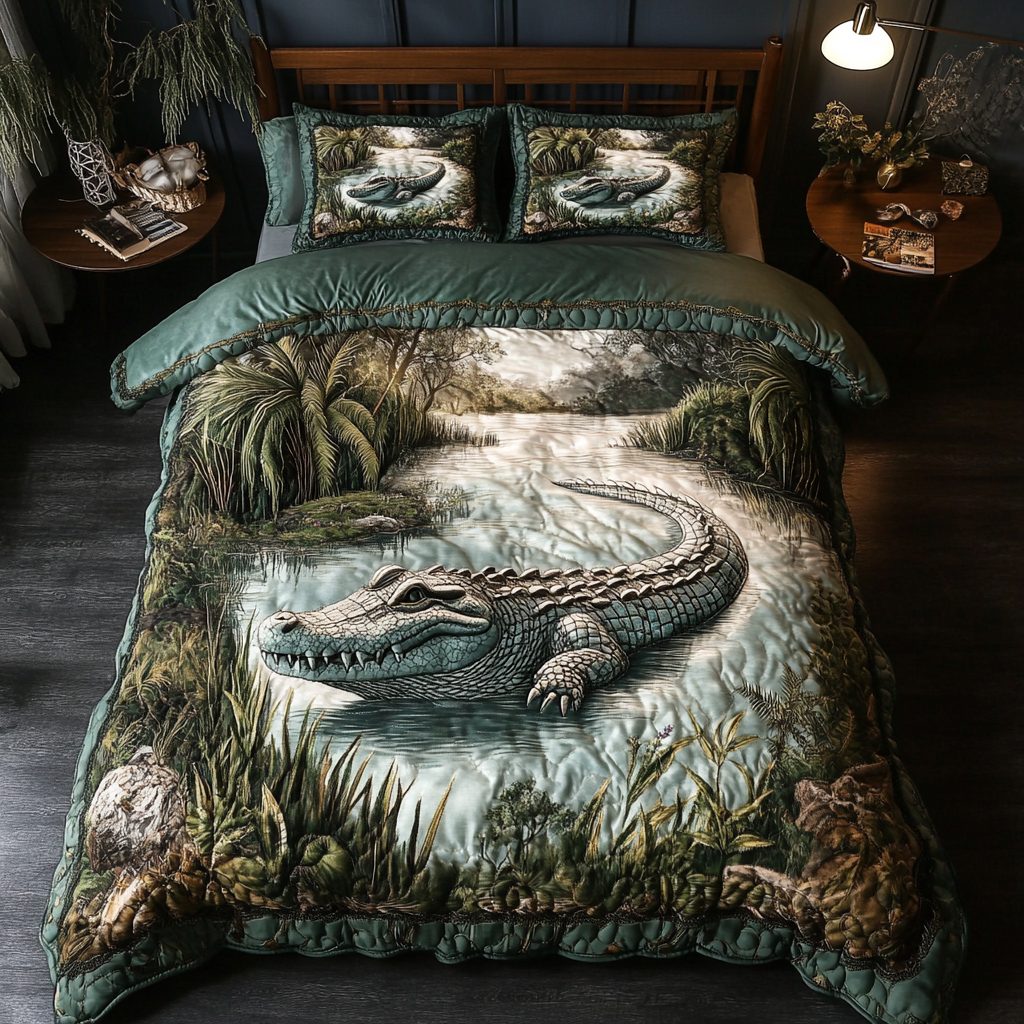 Alligator Escape quilted 3-piece bedding set on a made bed with two matching pillow shams