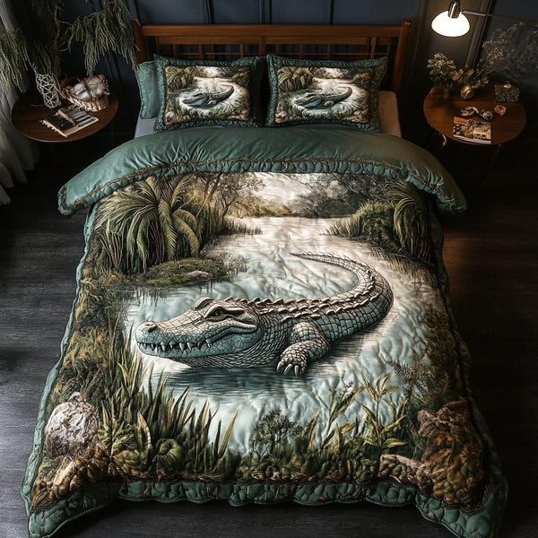 Alligator Escape quilted 3-piece bedding set on a made bed with two matching pillow shams