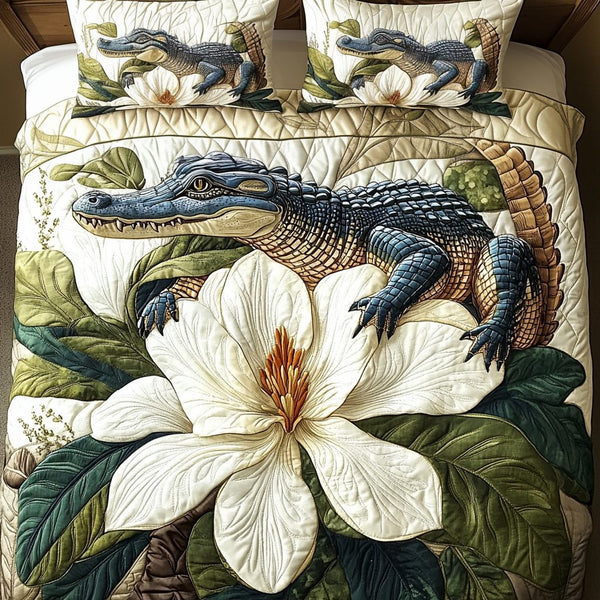 Alligator Essence quilted 3-piece bedding set on a made bed with two matching pillow shams