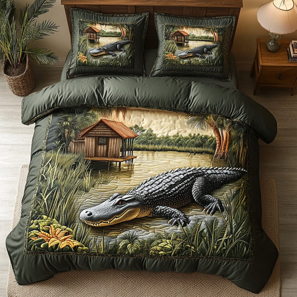 Alligator Night quilted 3-piece bedding set on a made bed with two matching pillow shams