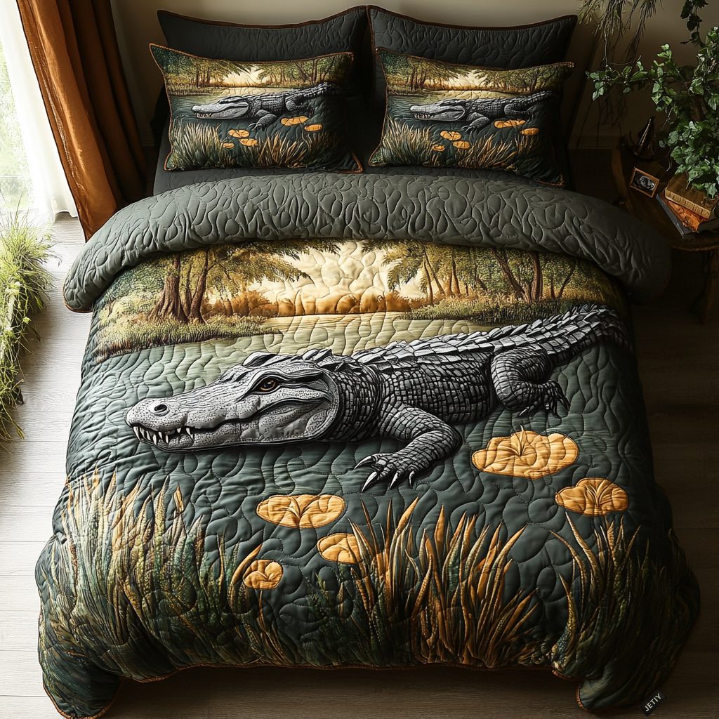 Alligator quilted 3-piece bedding set on a made bed with two matching pillow shams