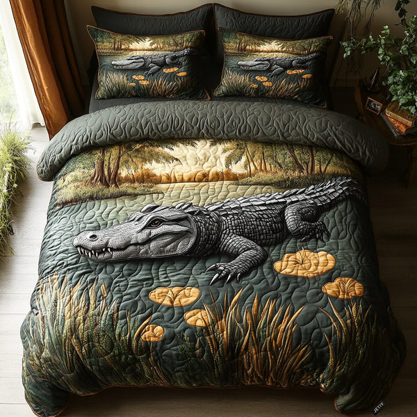 Alligator quilted 3-piece bedding set on a made bed with two matching pillow shams
