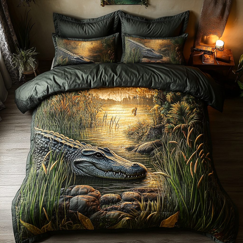 Alligator River quilted 3-piece bedding set on a made bed with two matching pillow shams