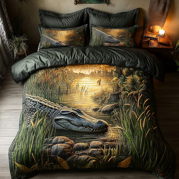 Alligator River quilted 3-piece bedding set on a made bed with two matching pillow shams