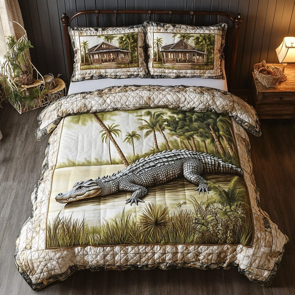 Alligator Spirit quilted 3-piece bedding set on a made bed with two matching pillow shams