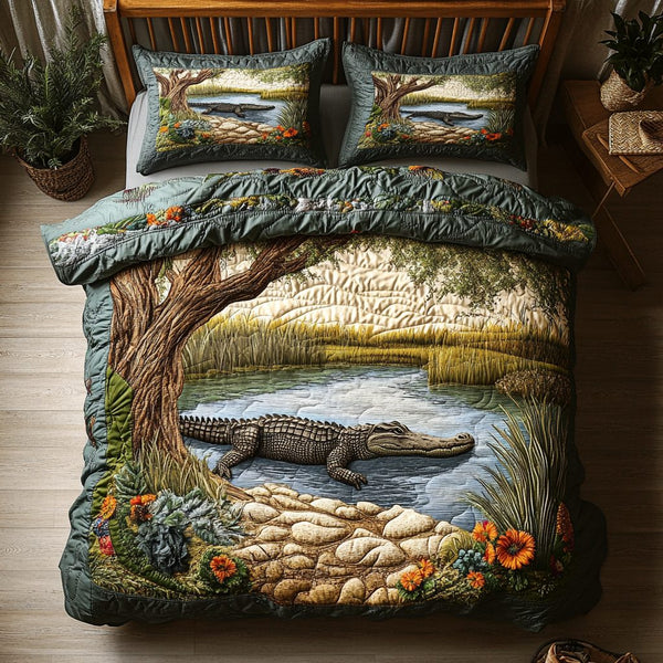 Alligator Wilds quilted 3-piece bedding set on a made bed with two matching pillow shams
