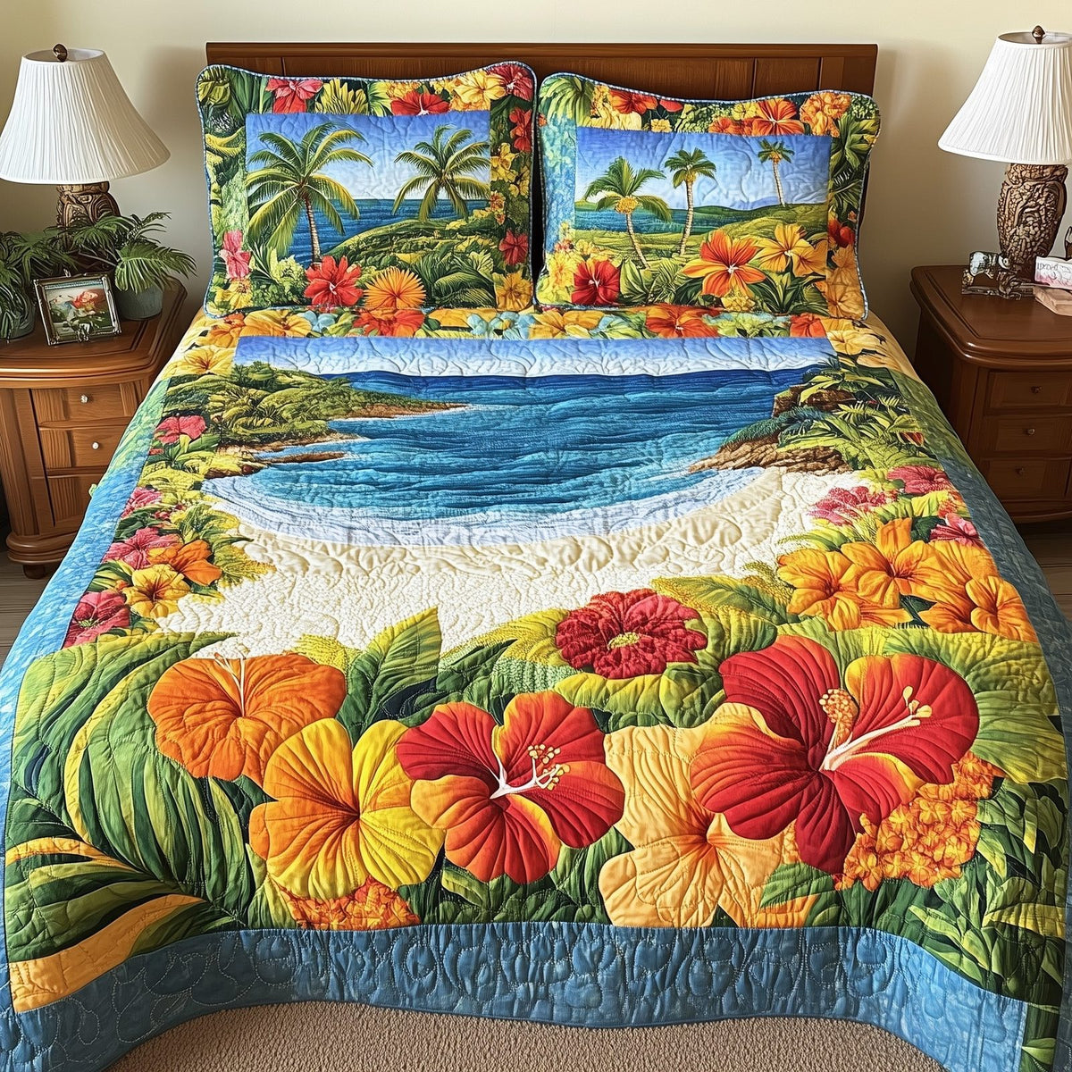 Aloha Beach quilted 3-piece bedding set on a made bed in a light coastal bedroom