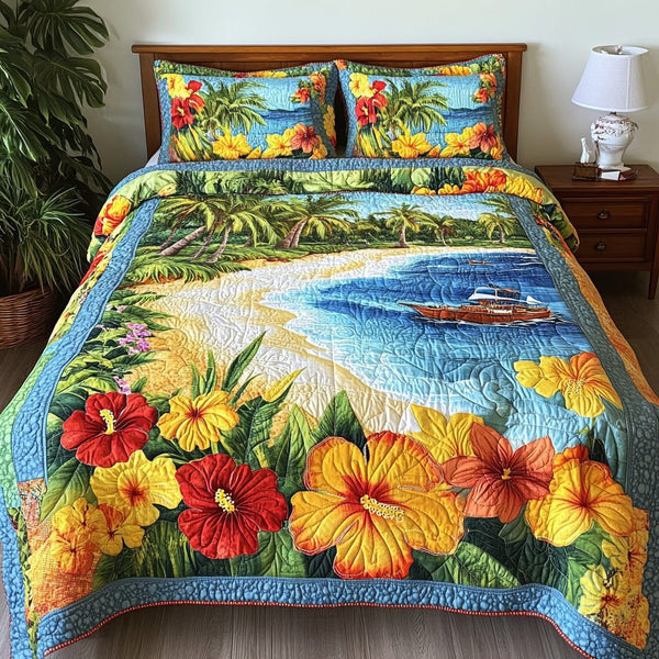 Aloha Beach quilted 3-piece bedding set on a made bed in a light coastal bedroom