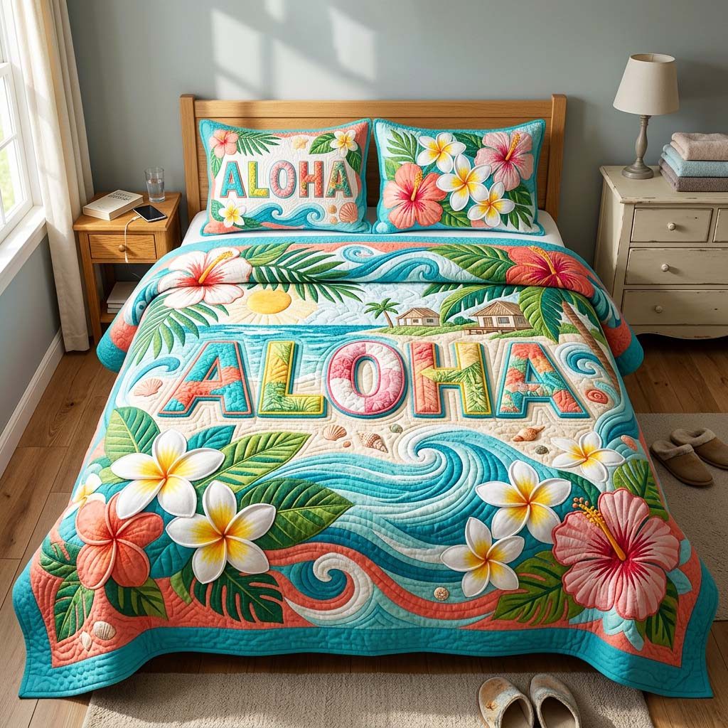Aloha Breeze quilted 3-piece bedding set on a made bed with two matching pillow shams