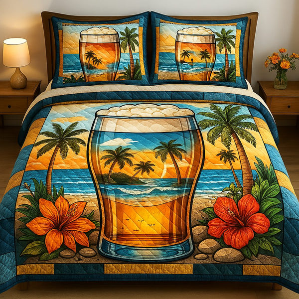 Aloha Comfort quilted 3-piece bedding set on a made bed with two matching pillow shams