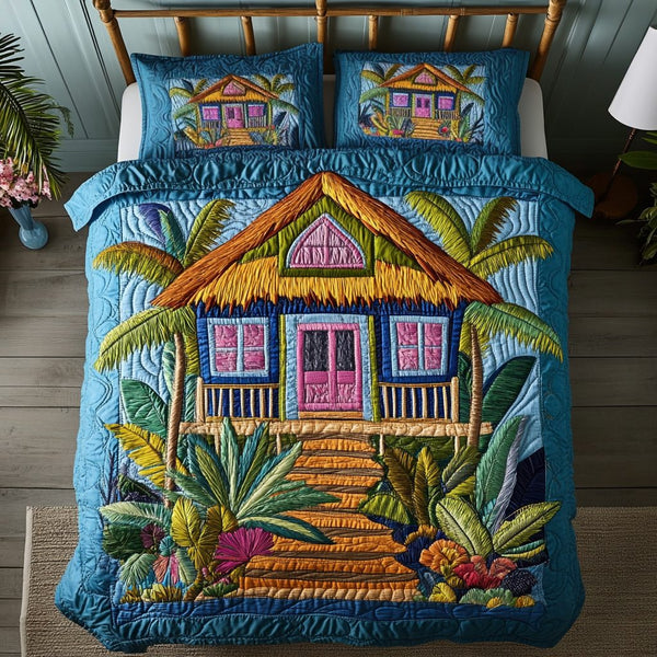 Aloha Home quilted 3-piece bedding set on a made bed with two matching pillow shams