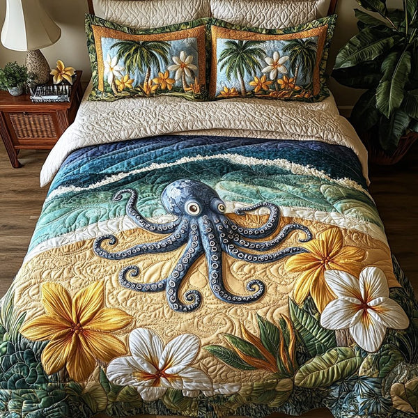 Aloha Octopus quilted 3-piece bedding set on a made bed with two matching pillow shams