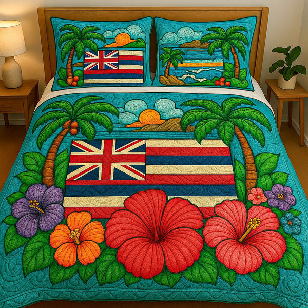 Aloha Spirit quilted 3-piece bedding set on a made bed with two matching pillow shams