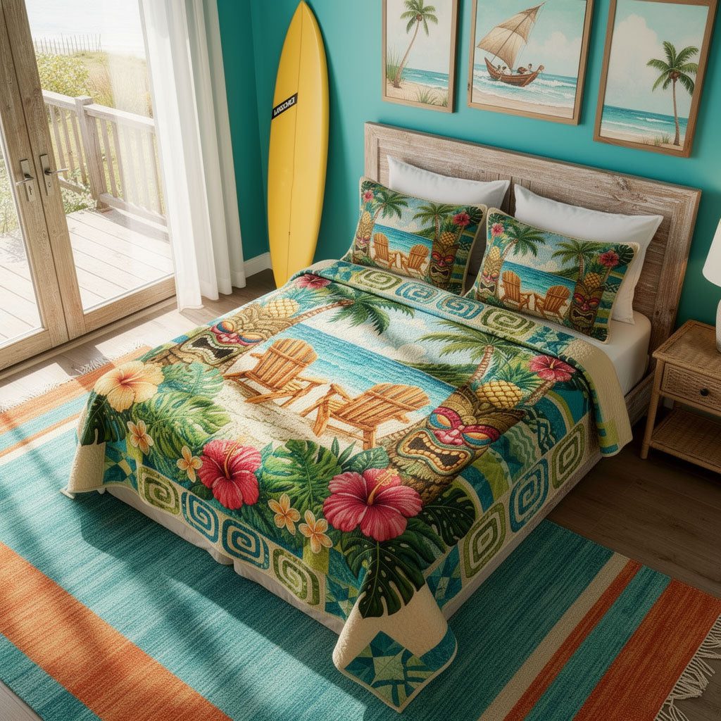 Aloha Spirit quilted 3-piece bedding set on a made bed with two matching pillow shams