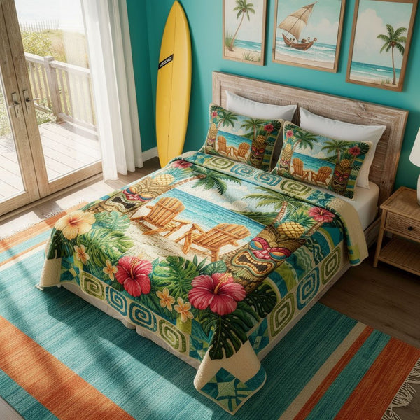 Aloha Spirit quilted 3-piece bedding set on a made bed with two matching pillow shams