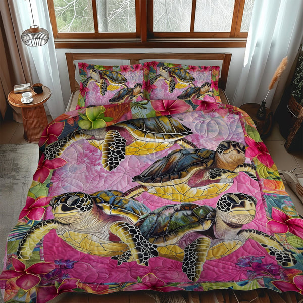 Aloha Turtle Dreams quilted 3-piece bedding set on a made bed in a light coastal bedroom
