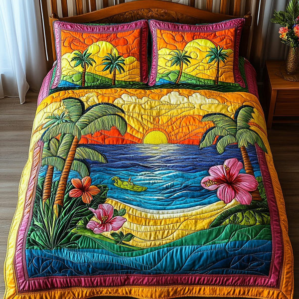 Aloha Vibe quilted 3-piece bedding set on a made bed with two matching pillow shams