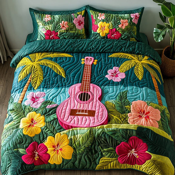 Aloha Vibes quilted 3-piece bedding set on a made bed with two matching pillow shams