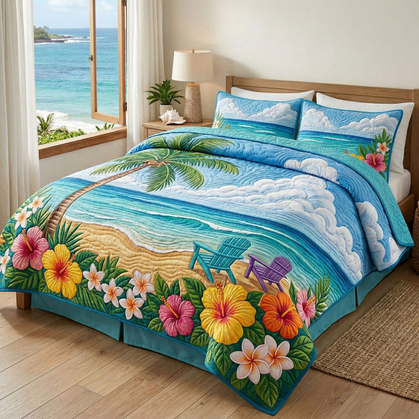 Aloha Vibes quilted 3-piece bedding set on a made bed with two matching pillow shams