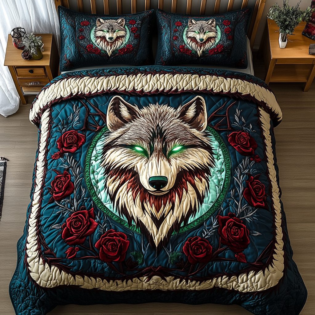 Alpha Call quilted 3-piece bedding set on a made bed with two matching pillow shams