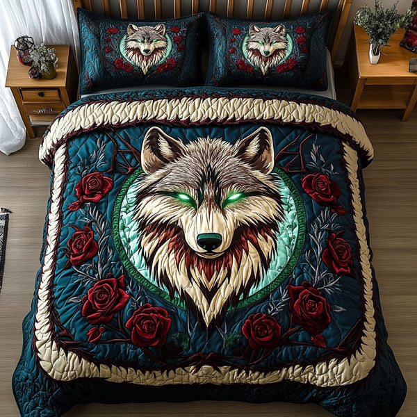 Alpha Call quilted 3-piece bedding set on a made bed with two matching pillow shams