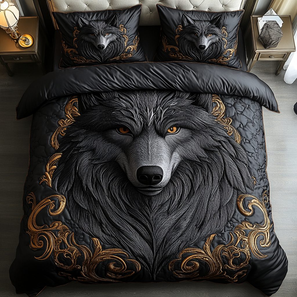 Alpha Guardian quilted 3-piece bedding set on a made bed with two matching pillow shams