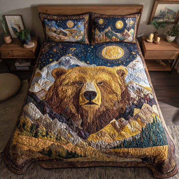 Alpha Hunter quilted 3-piece bedding set on a made bed with two matching pillow shams