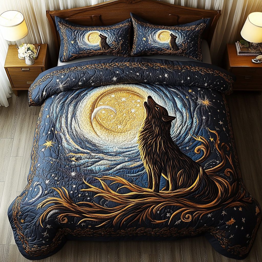 Alpha Roar quilted 3-piece bedding set on a made bed with two matching pillow shams