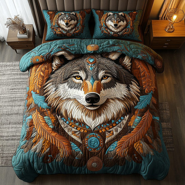 Alpha Spirit quilted 3-piece bedding set on a made bed with two matching pillow shams