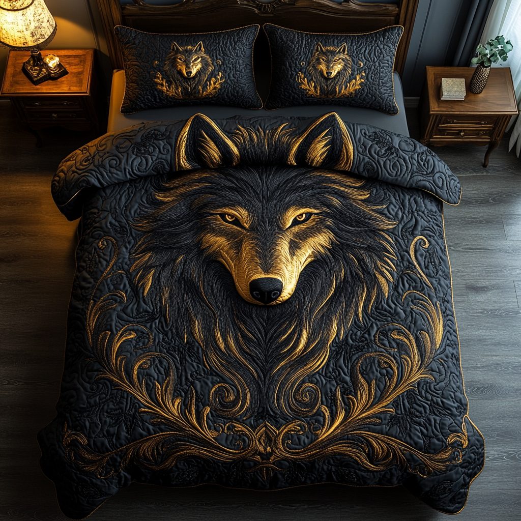 Alpha Spirit quilted 3-piece bedding set on a made bed with two matching pillow shams