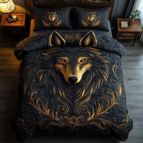 Alpha Spirit quilted 3-piece bedding set on a made bed with two matching pillow shams