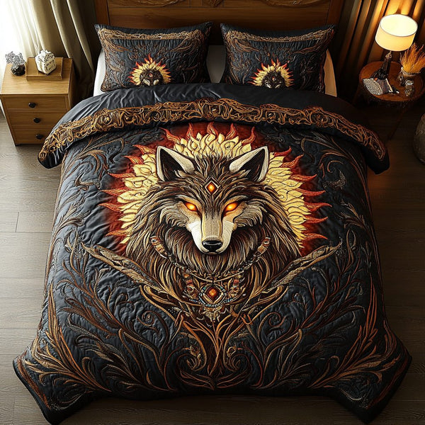 Alpha Trails quilted 3-piece bedding set on a made bed with two matching pillow shams