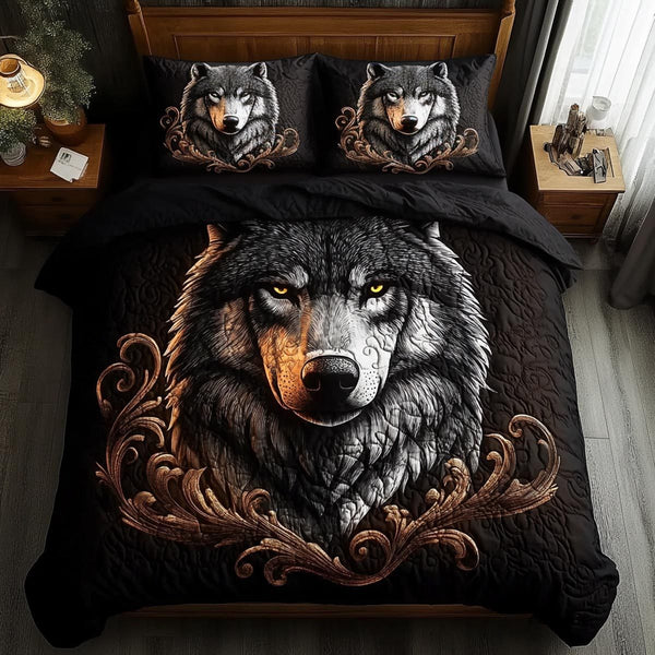 Alpha Wolf quilted 3-piece bedding set on a made bed with two matching pillow shams