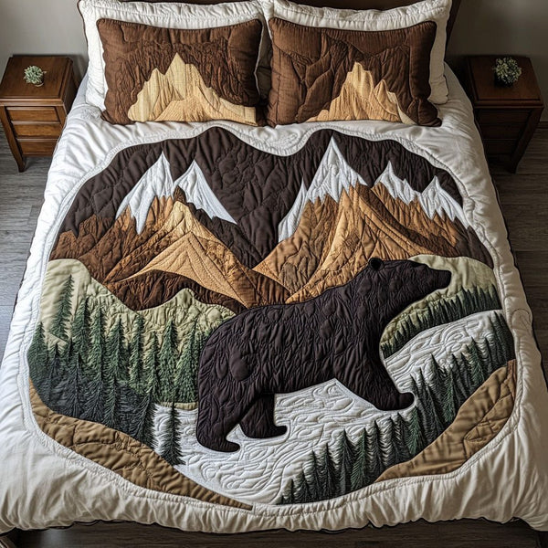 Alpine Bear Stroll quilted 3-piece bedding set on a made bed with two matching pillow shams