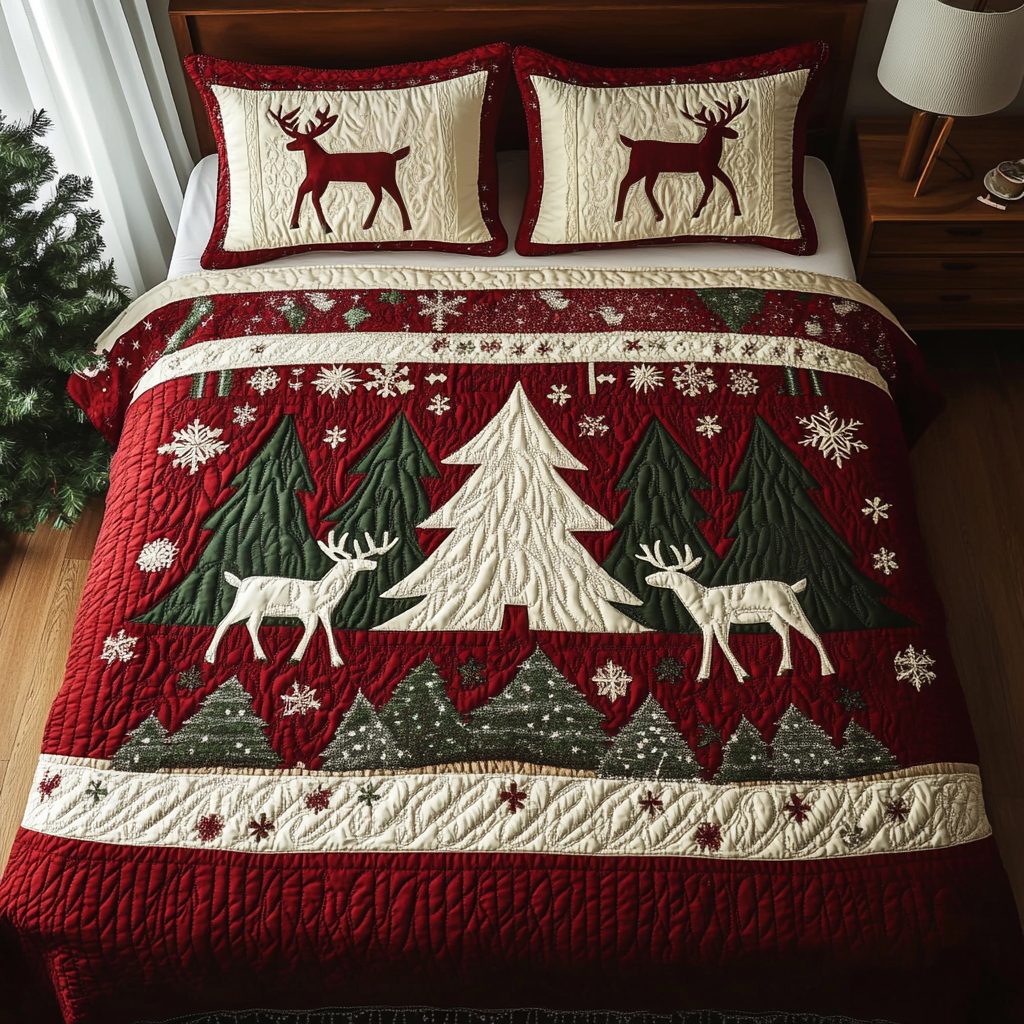 Alpine Cheer quilted 3-piece bedding set on a made bed with two matching pillow shams