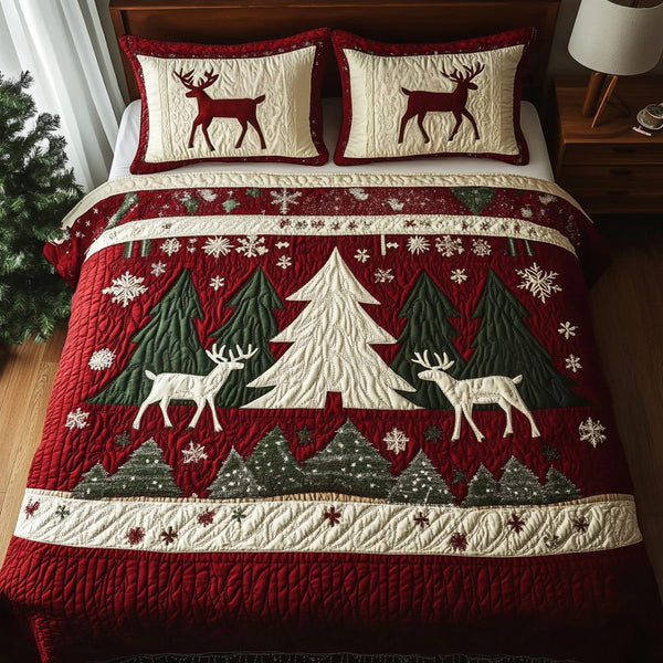 Alpine Cheer quilted 3-piece bedding set on a made bed with two matching pillow shams