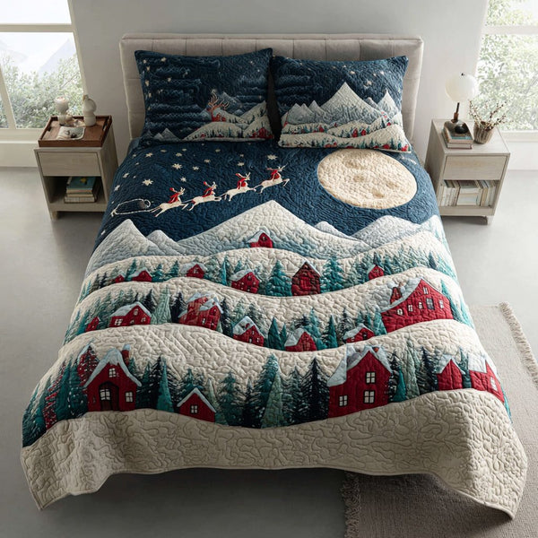 Alpine Christmas Village quilted 3-piece bedding set on a made bed in a winter-styled bedroom