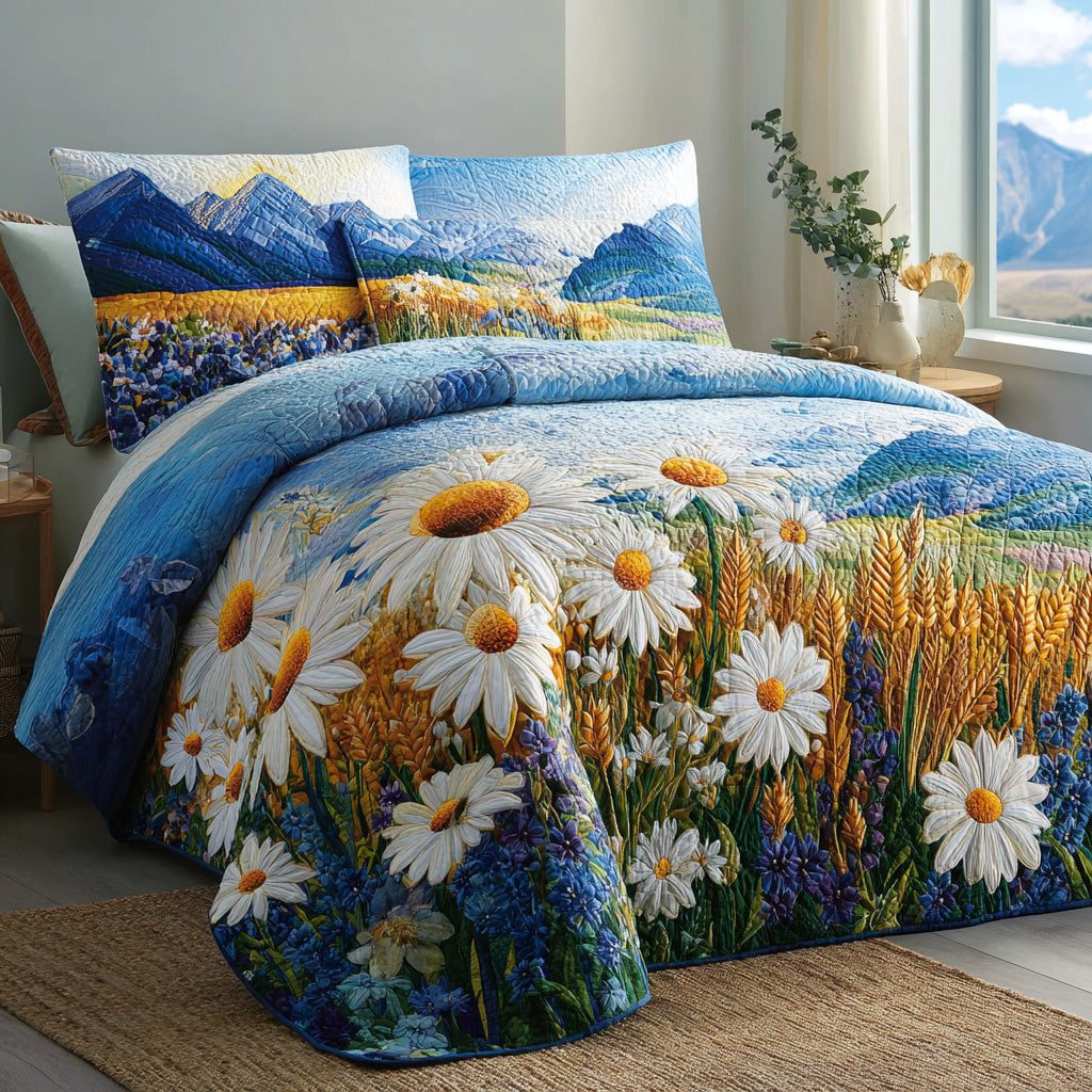 Alpine Daisies quilted 3-piece bedding set on a made bed with two matching pillow shams